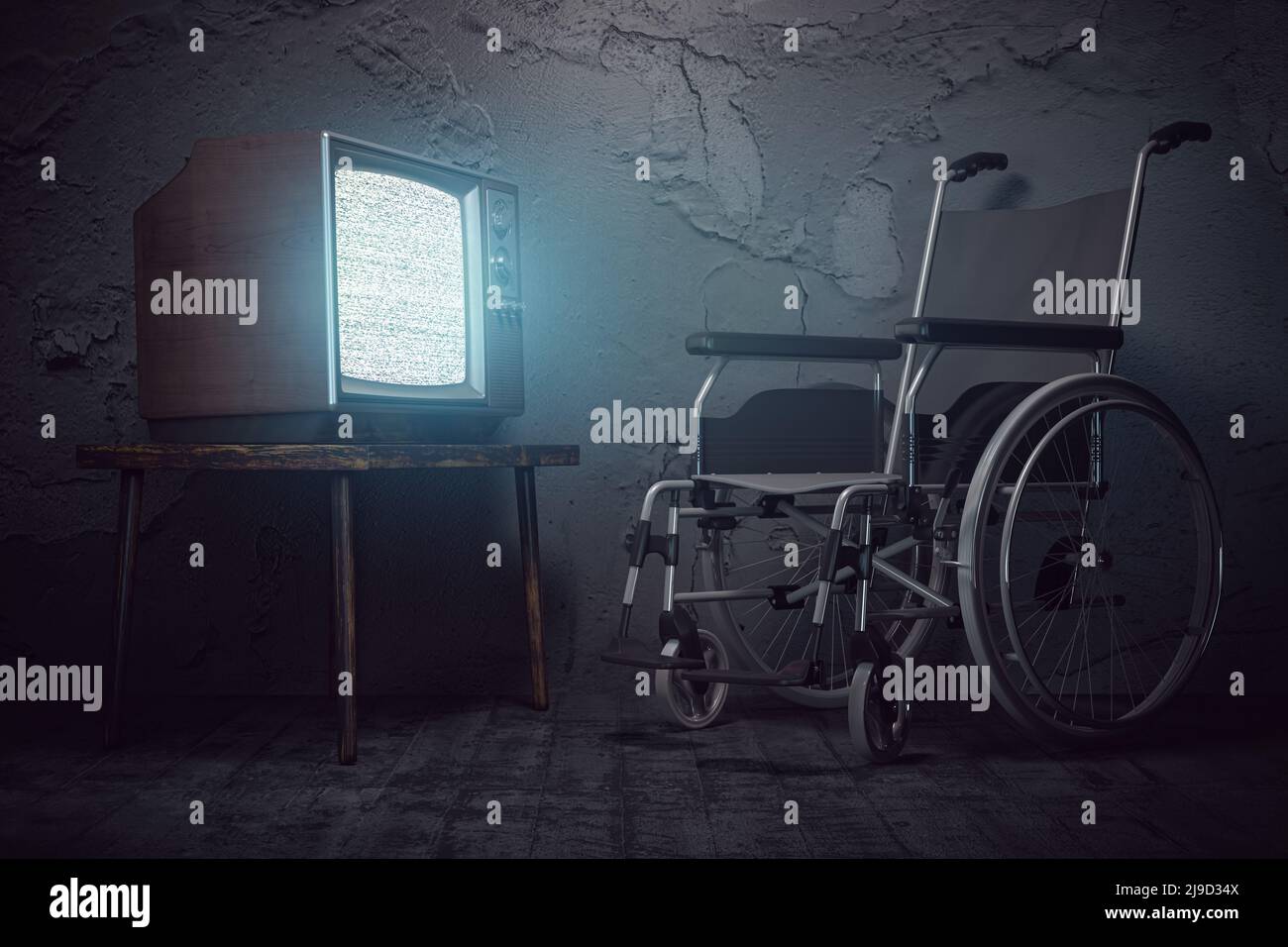 Chaise roulante et téléviseur vintage. La vie dépressive d'une personne seule handicapée dans un concept de maison de soins infirmiers. 3d illustration Banque D'Images