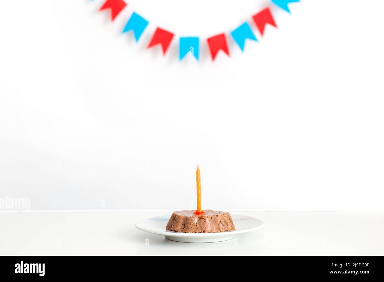 Une table blanche avec un petit gâteau animal en conserve sur une soucoupe blanche et une bougie orange. Banque D'Images