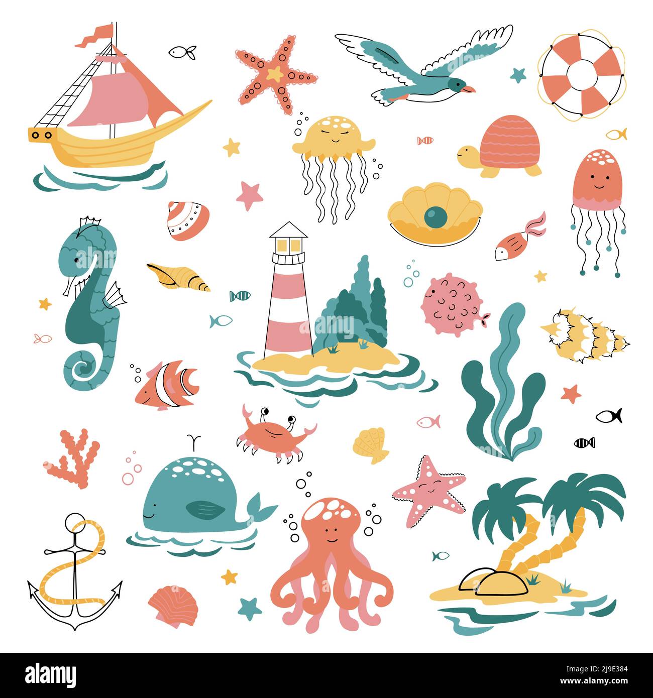Grand sur le thème de la mer, de l'océan et de la vie marine dans le style des gribouillages Illustration de Vecteur
