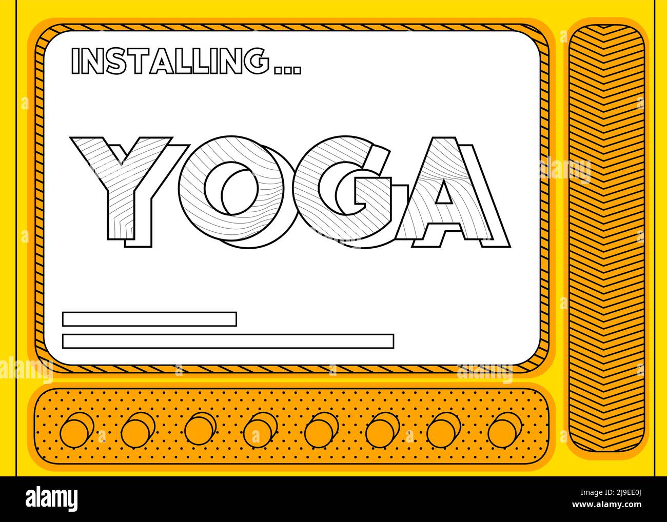 Ordinateur de dessin animé avec le mot Yoga. Message d'un écran affichant une fenêtre d'installation. Illustration de Vecteur
