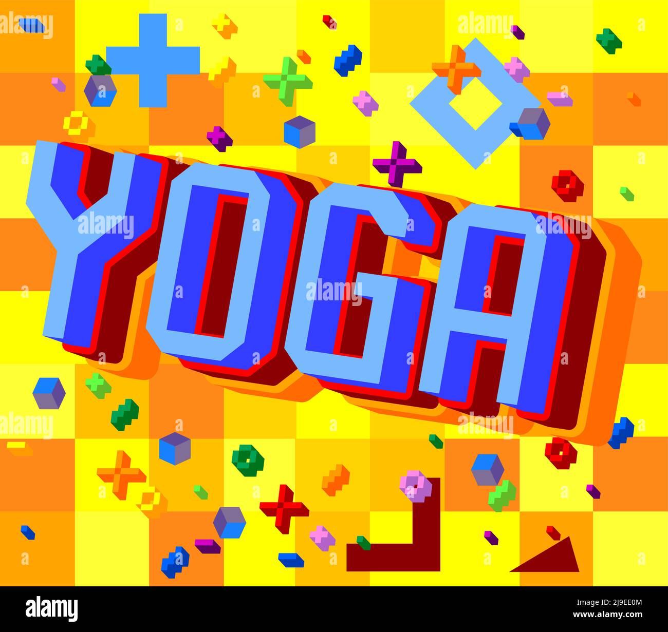 Yoga. Mot pixélisé avec arrière-plan graphique géométrique. Illustration de dessin animé vectoriel. Illustration de Vecteur