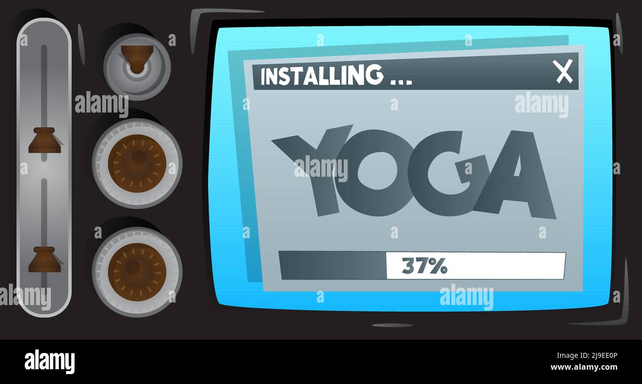 Ordinateur de dessin animé avec le mot Yoga. Message d'un écran affichant une fenêtre d'installation. Illustration de Vecteur