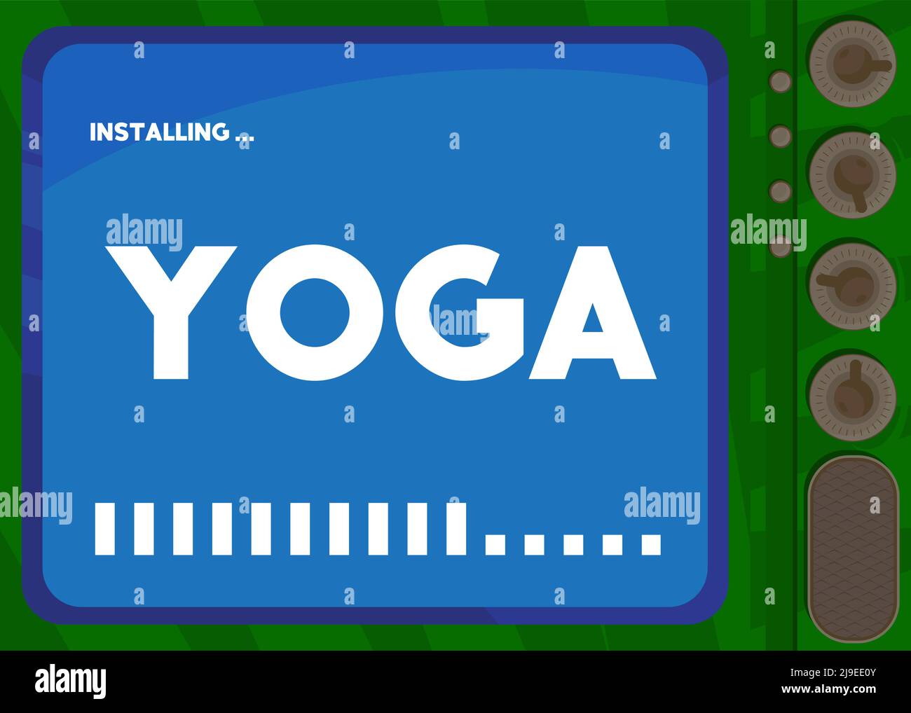 Ordinateur de dessin animé avec le mot Yoga. Message d'un écran affichant une fenêtre d'installation. Illustration de Vecteur