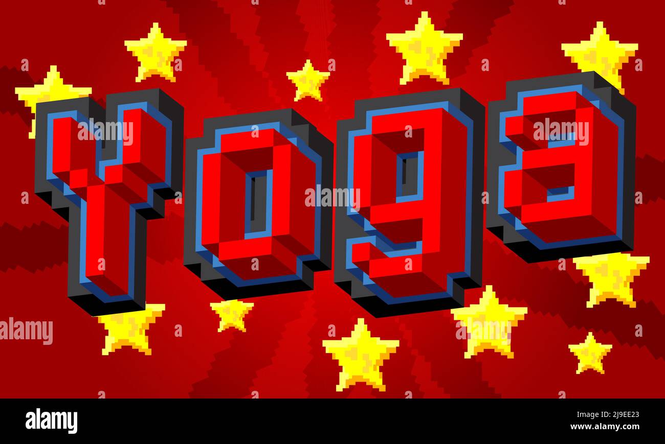 Yoga. Mot pixélisé avec arrière-plan graphique géométrique. Illustration de dessin animé vectoriel. Illustration de Vecteur