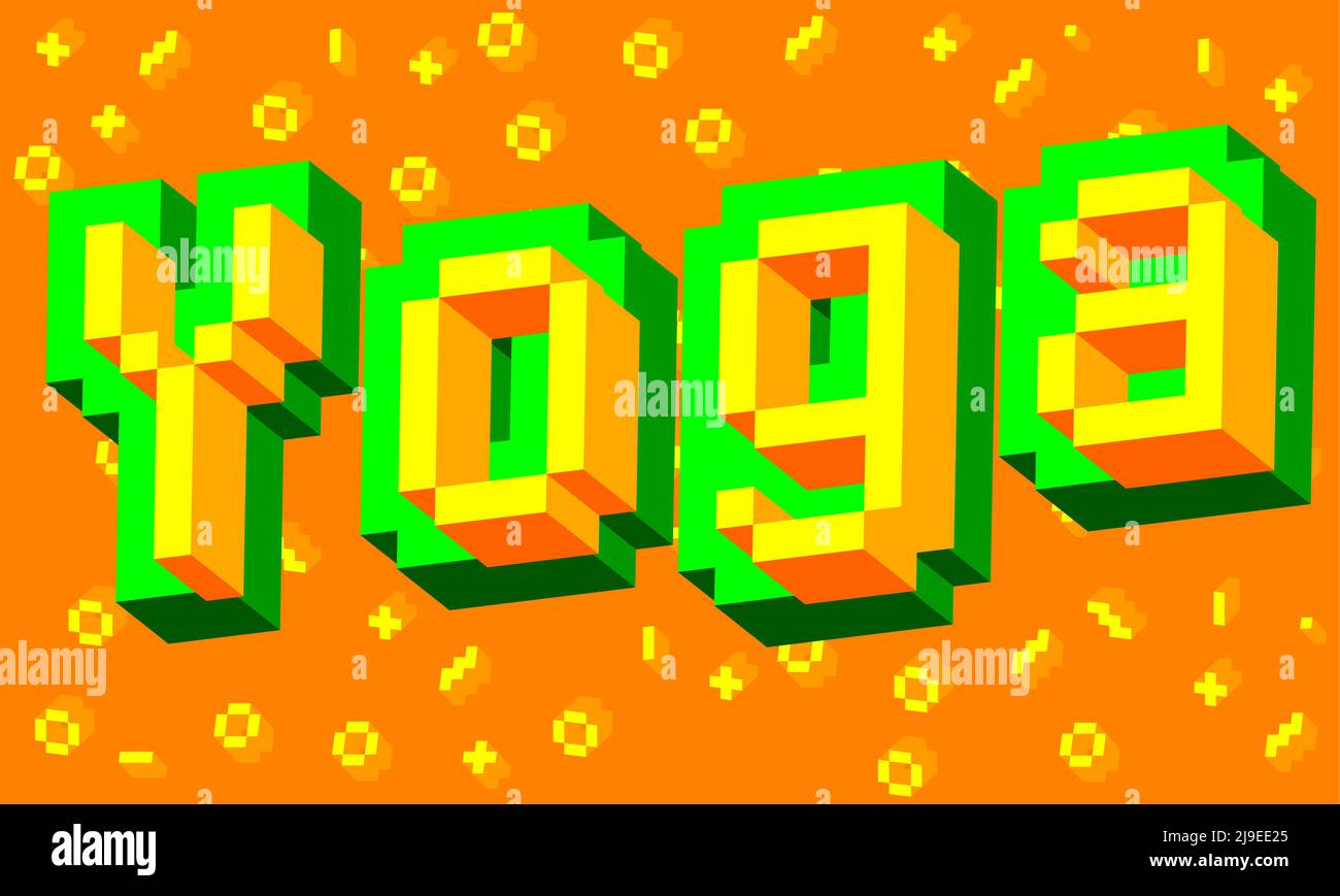 Yoga. Mot pixélisé avec arrière-plan graphique géométrique. Illustration de dessin animé vectoriel. Illustration de Vecteur