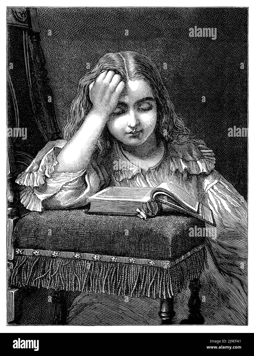 Gravure victorienne vintage d'une jeune fille lisant un livre. Banque D'Images