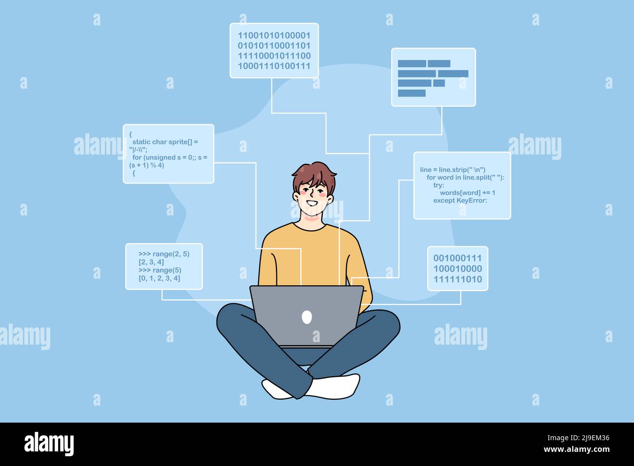 Homme souriant ingénieur logiciel travaillant sur l'écriture de codes et de programmes d'ordinateur. Happy man programmeur ou backend développeur occupé sur ordinateur portable, programmation, création de scripts. Illustration vectorielle. Illustration de Vecteur