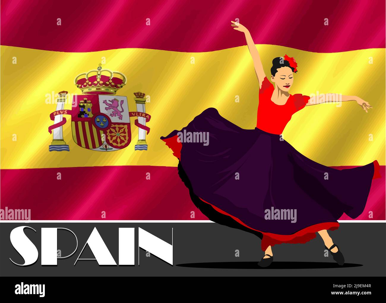 Belle jeune femme dansant le flamenco sur fond de drapeau espagnol. Illustration de Vector 3D Illustration de Vecteur