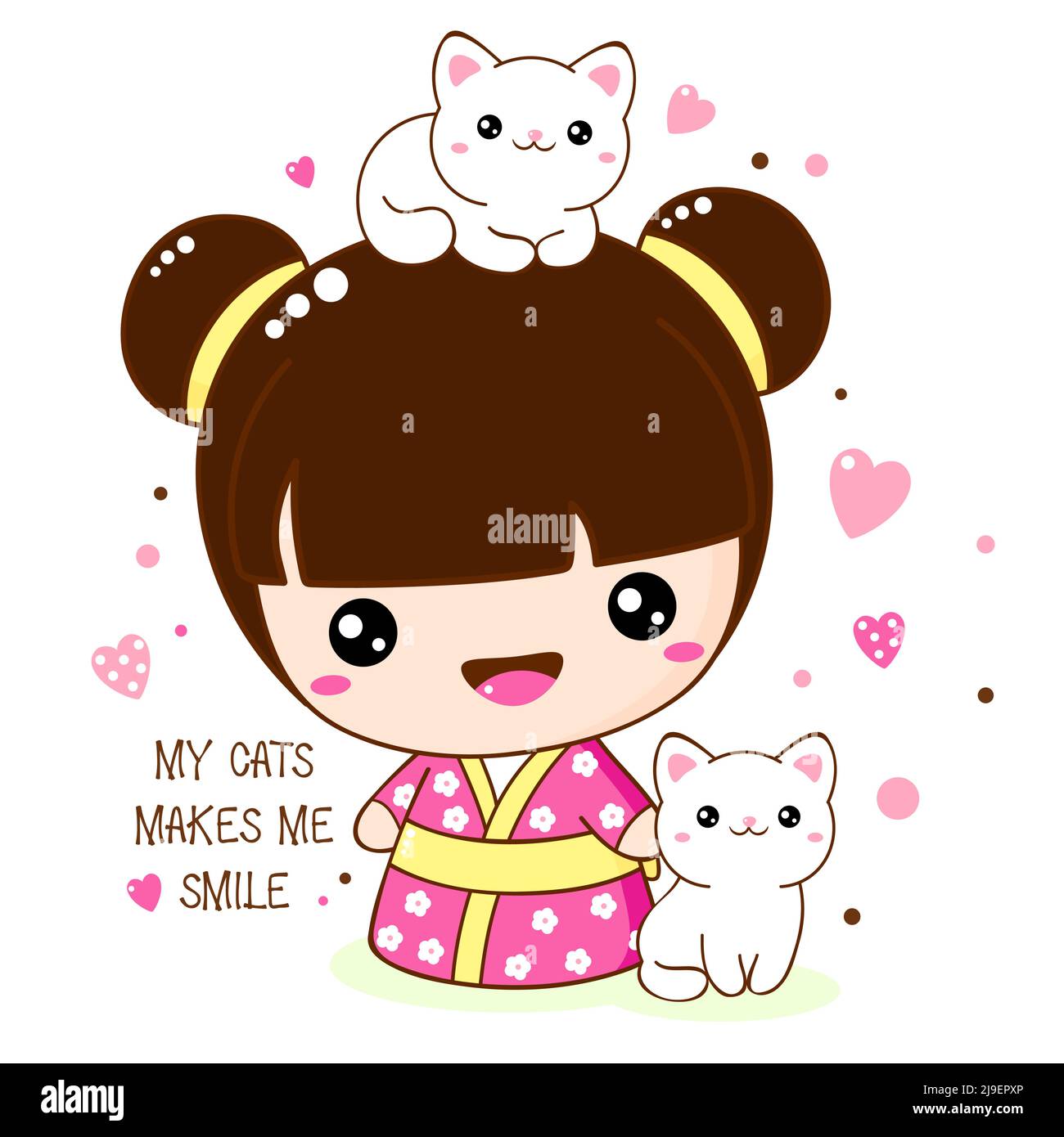 Jolie petite fille souriante avec chaton dans le style kawaii. Poupée kokeshi en jouet traditionnel japonais dans un kimono avec deux chats blancs. Inscription Mes chats me font Illustration de Vecteur