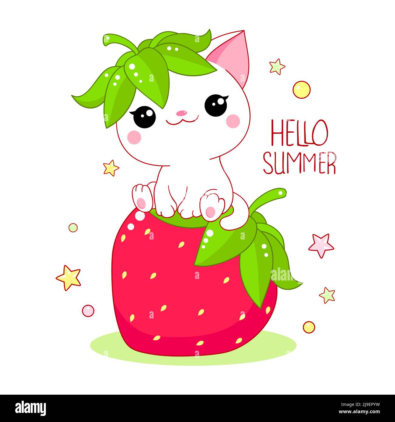 Chat blanc mignon sur grande fraise. Inscription Bonjour été. Kawaii petit kitty et mûre baies rouges. Bonne heure d'été. Illustration vectorielle EPS8 Illustration de Vecteur