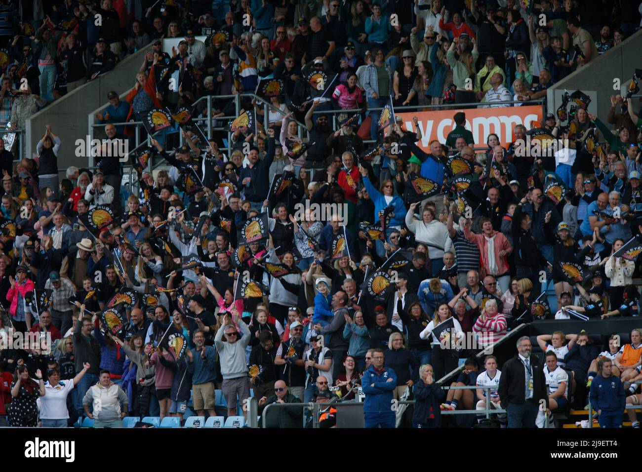 Exeter, Devon, Royaume-Uni. 22nd mai 2022. Les fans d'Exeter Chiefs fêtent la finale du Premier 15s. Femmes Allianz Premier 15s semi final- Exeter Chiefs Women contre Bristol Bears Women - Dimanche 22nd Mai 2022 - Sandy Park - Exeter, Dimanche 22, Mai 2022 - Sandy Park - Exeter - Royaume-Uni crédit photo obligatoire: Martin Edwards crédit: Martin Edwards/Alay Live News Banque D'Images