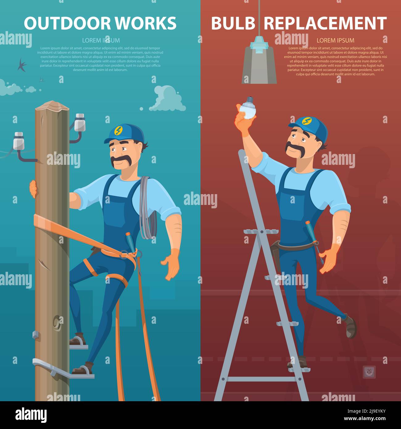 Bannières verticales pour l'électricité avec un électricien moustaché qui répare l'énergie haute tension et illustration du vecteur de remplacement de l'ampoule Illustration de Vecteur