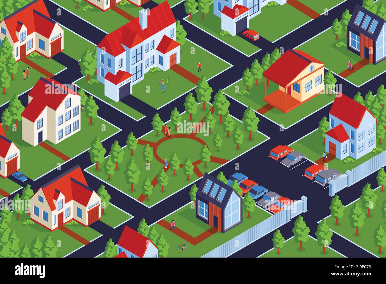 Maisons de ville privées isométriques de composition horizontale avec vue extérieure de illustration vectorielle d'un quartier avec des immeubles d'habitation de faible hauteur Illustration de Vecteur