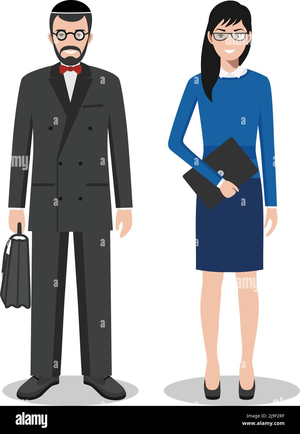 Deux personnes créatives isolées sur fond blanc. Ensemble d'homme d'affaires juif et de femme debout ensemble. Mignon et simple dans un style plat. Illustration de Vecteur