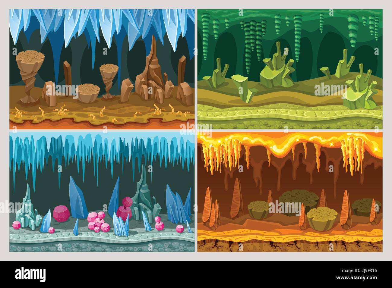 Jeu de dessin animé caverne paysages mis avec des plantes de rochers et différents éléments naturels matériaux textures illustration vectorielle Illustration de Vecteur