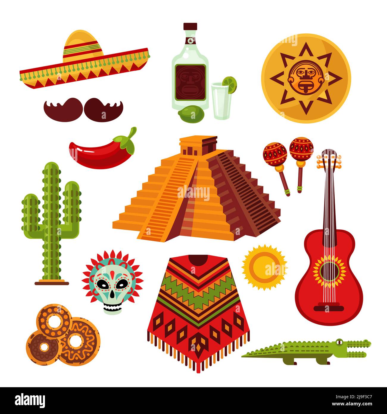 Icônes du Mexique avec sombrero tequila piment moustache pyramide cactus crocodile poncho guitare maracas objets anciens illustrations vectorielles isolées Illustration de Vecteur