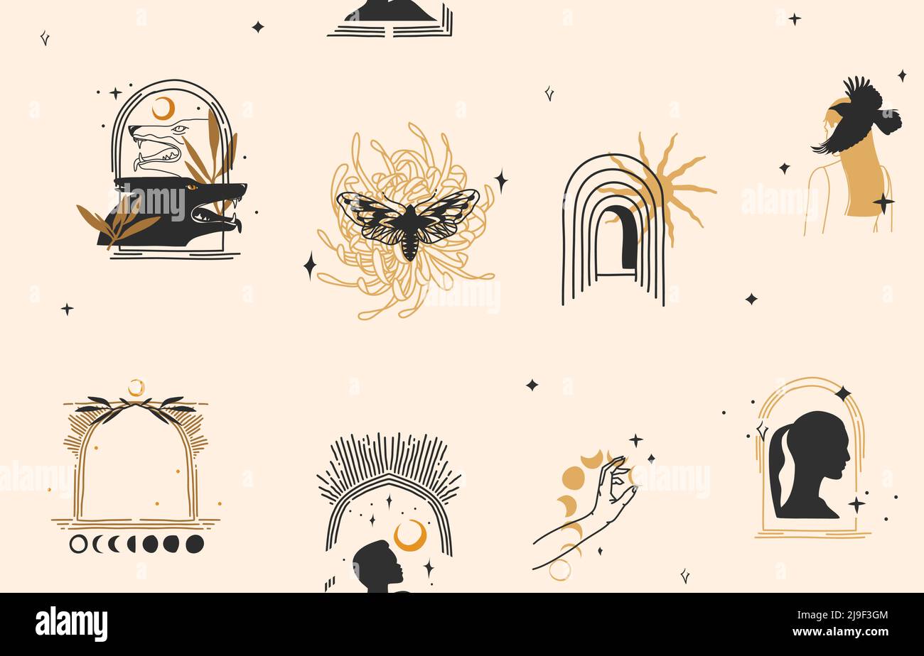 Dessin à la main vecteur résumé stock plat illustration graphique avec élément de logo, bohème magie ligne art sans couture motif de femme main, or soleil, étoile et Illustration de Vecteur