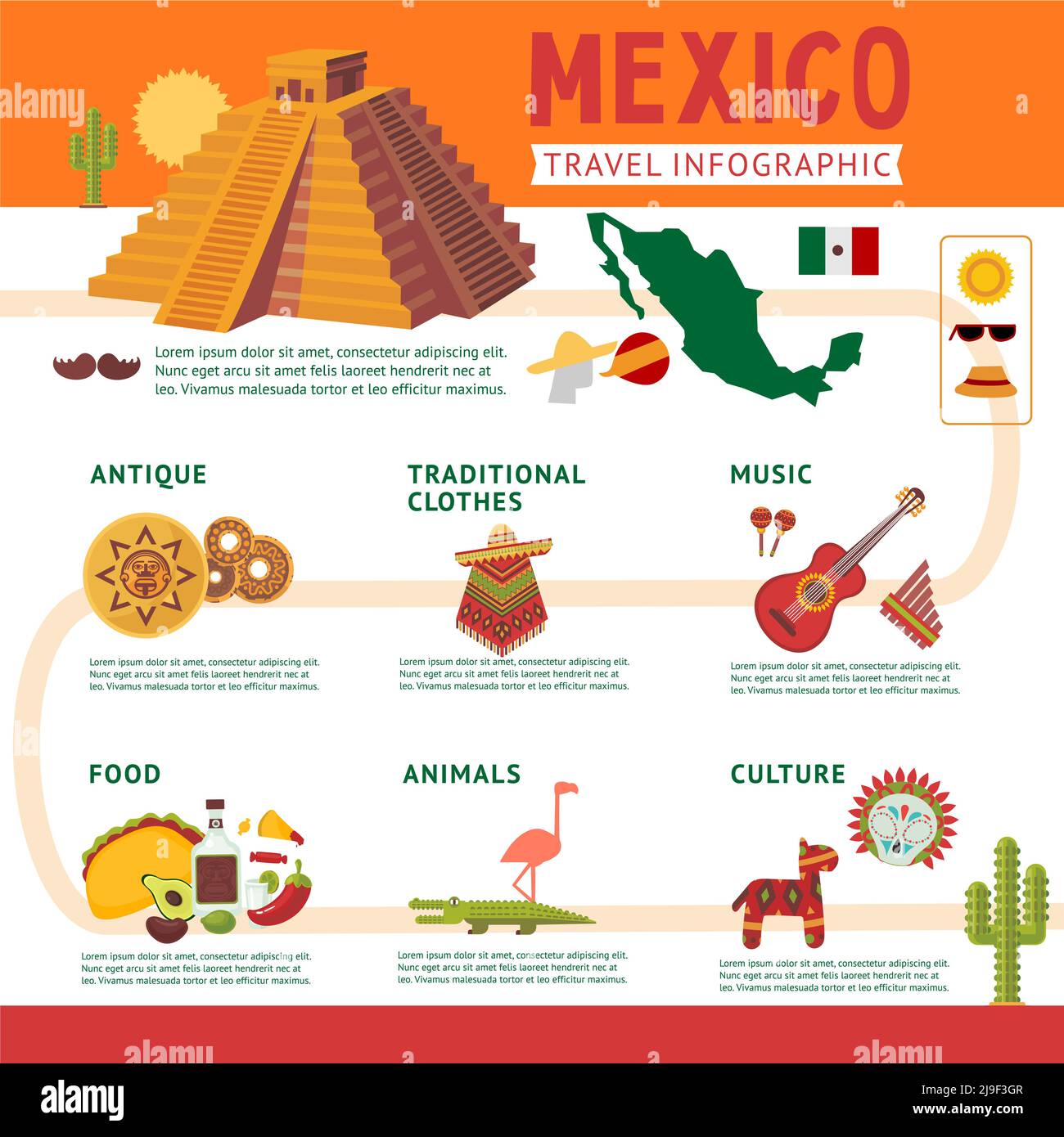 Mexico Voyage concept infographie avec musique traditionnelle alimentaire culturel éléments anciens animaux et vêtements illustration vectorielle Illustration de Vecteur