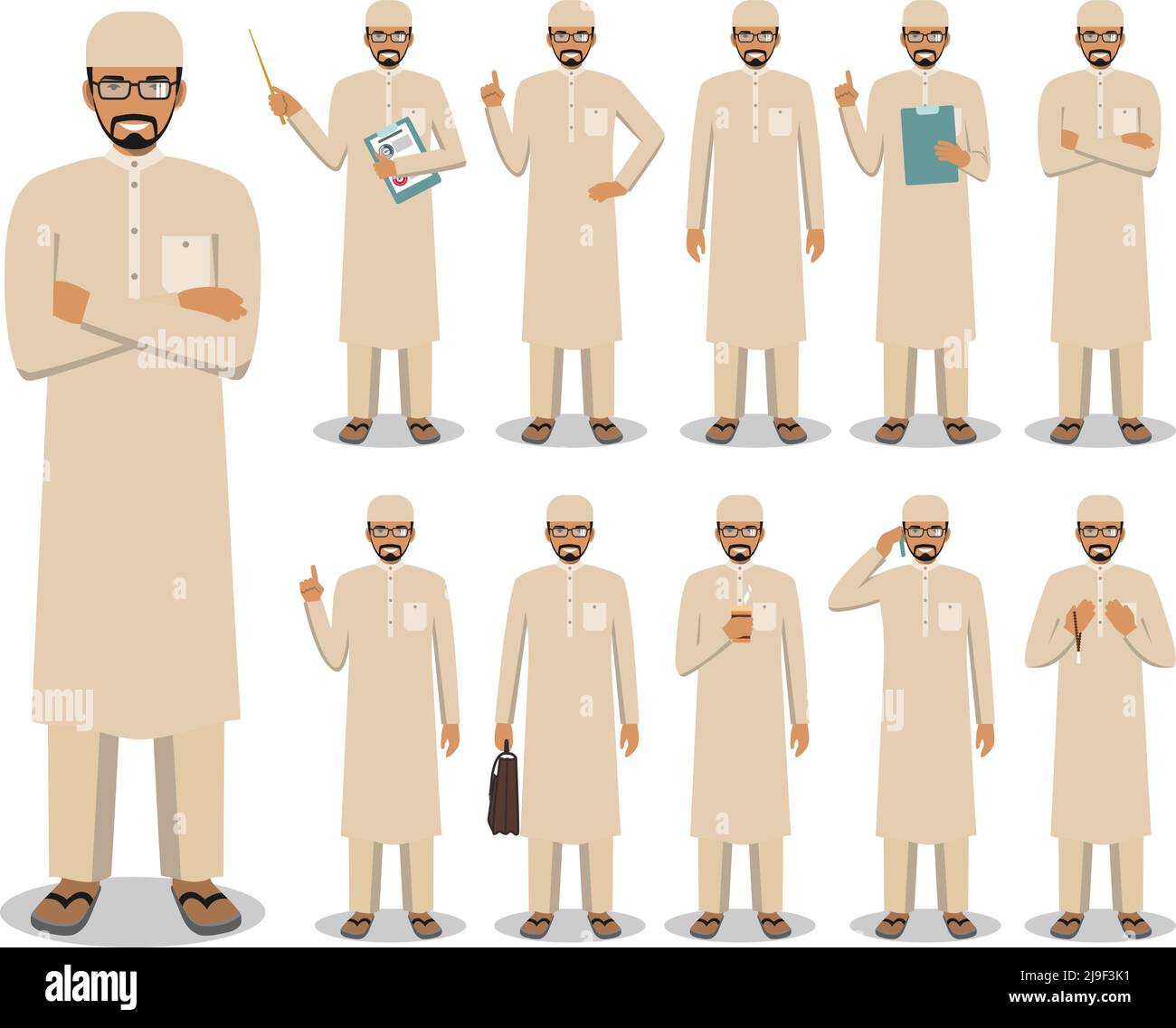 Illustration détaillée de l'homme d'affaires arabe musulman debout dans différentes positions dans le style plat sur fond blanc. Illustration de Vecteur