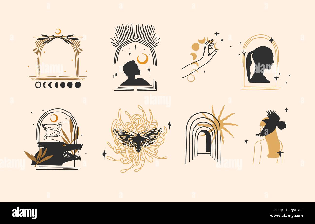 Illustration graphique abstraite vectorielle dessinée à la main avec ensemble de collection d'éléments de logo, art de ligne magique de croissant, de lune et d'étoile dans un style simple pour Illustration de Vecteur