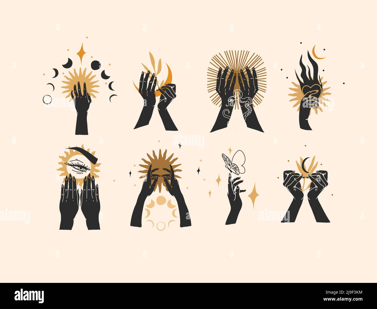 Illustration graphique abstraite vectorielle dessinée à la main avec ensemble de collection d'éléments de logo, art de ligne magique de croissant, lune et mains humaines noires Illustration de Vecteur