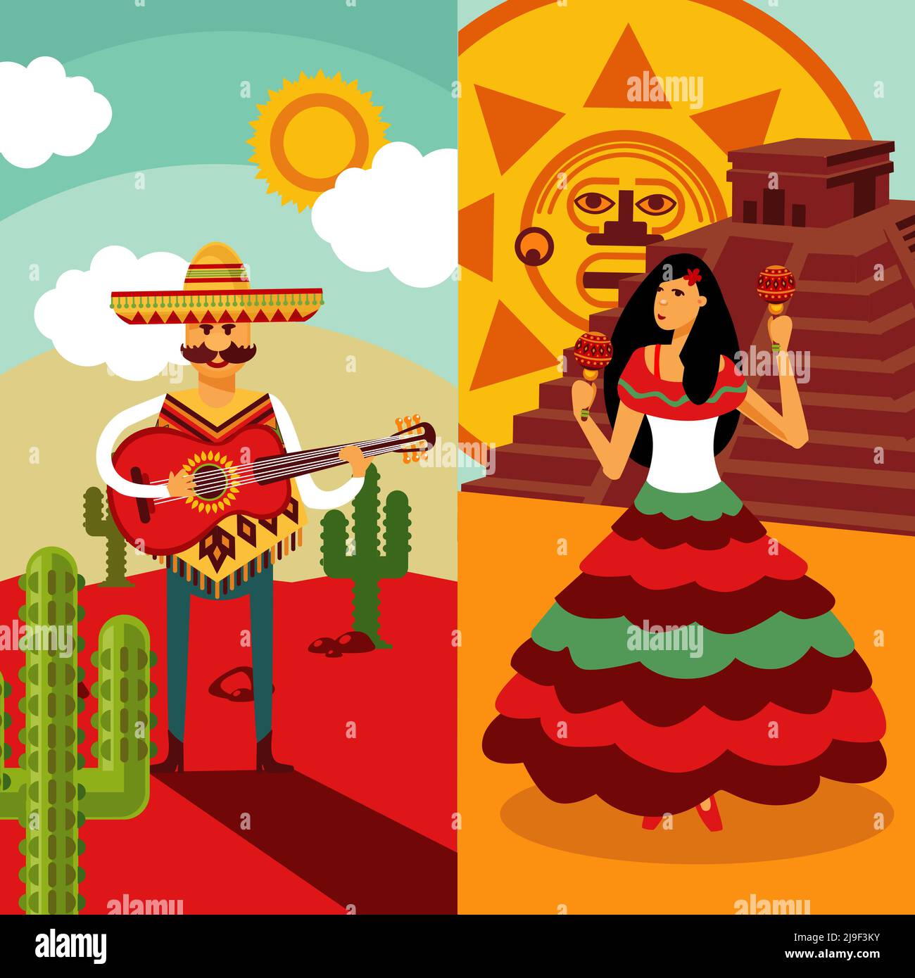 Banderoles verticales traditionnelles du Mexique avec homme jouant de la guitare dansant femme tenant maracas cacuts soleil symbole pyramide illustration vectorielle Illustration de Vecteur
