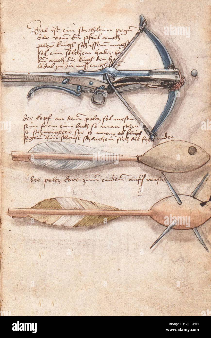 Illustration médiévale d'arbalète et de différents types de flèches d'arbalète. Les outils de Martin Löffelholz (1505) Löffelholtz Codex. Illustrations et d Banque D'Images