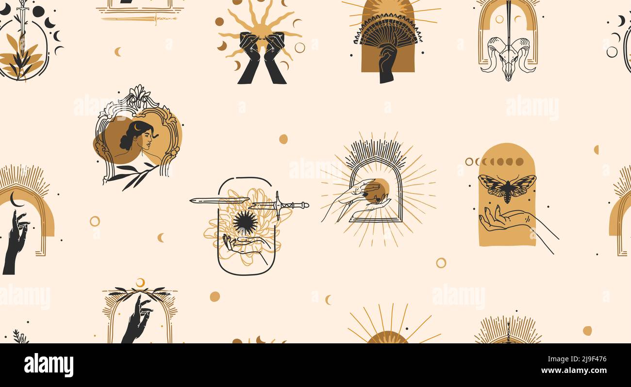 Dessin à la main vecteur résumé stock plat illustration graphique avec élément de logo, bohème magie ligne art sans couture motif de femme main, or soleil, étoile et Illustration de Vecteur