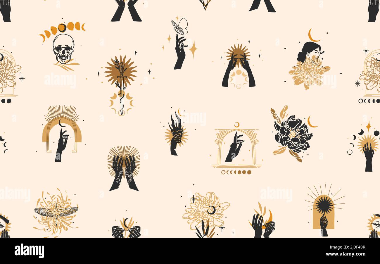 Dessin à la main vecteur résumé stock plat illustration graphique avec élément de logo, bohème magie ligne art sans couture motif de femme main, or soleil, étoile et Illustration de Vecteur