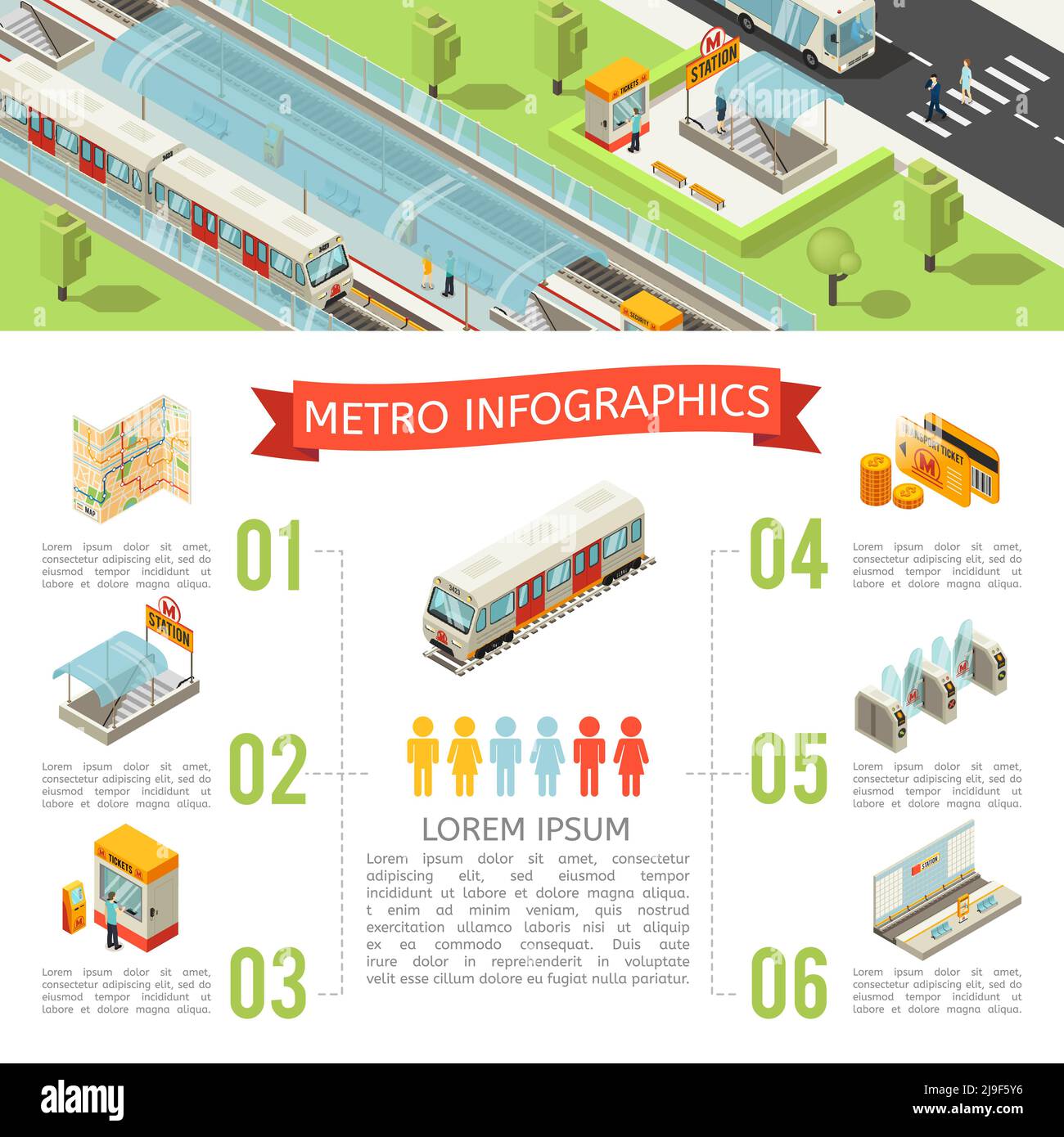 Infographie sur le métro isométrique avec guichet d'entrée pour le métro illustration du vecteur de la plate-forme souterraine du tourniquet de carte de transport Illustration de Vecteur