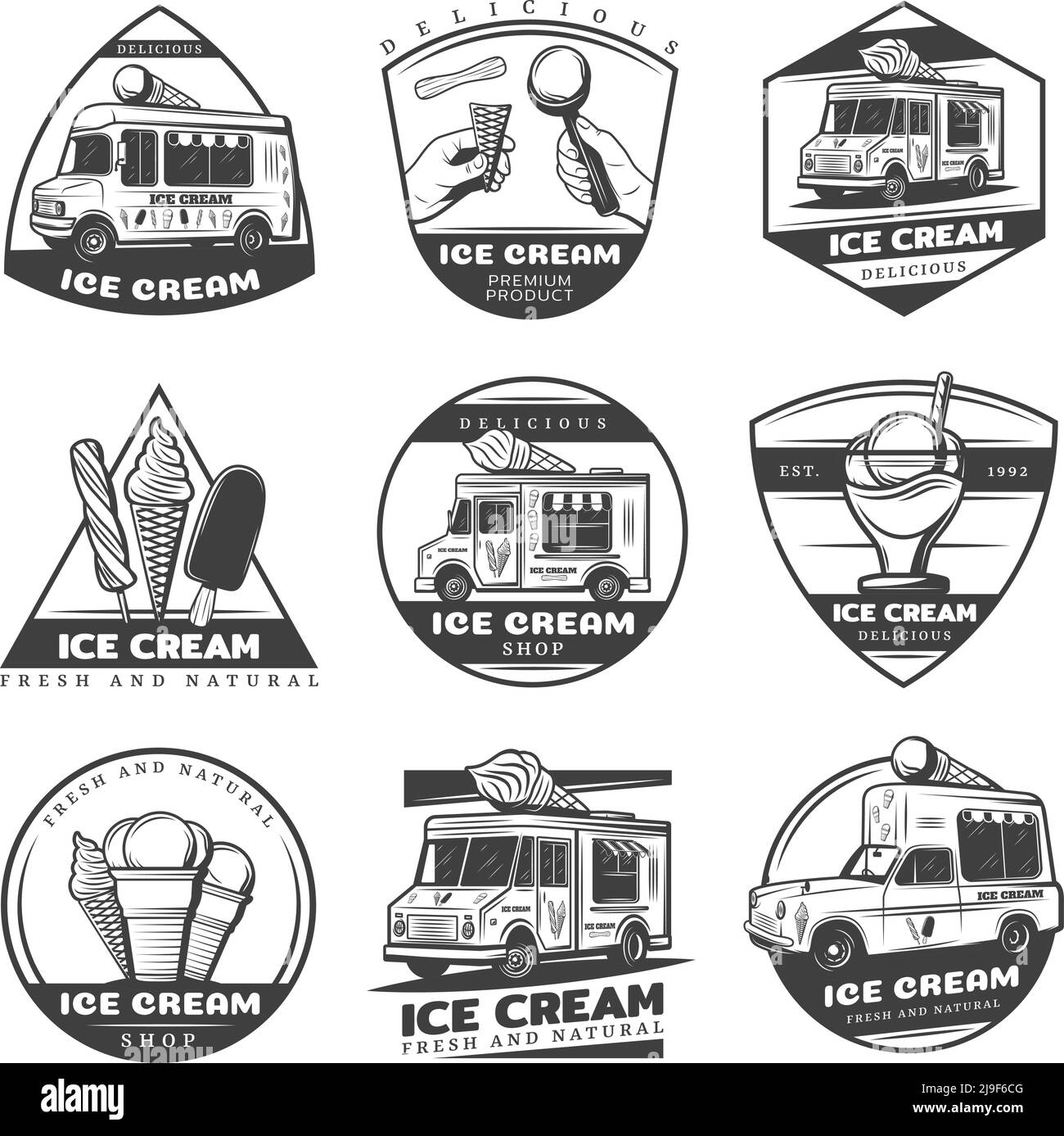 Ensemble d'étiquettes de crème glacée vintage monochromes avec inscriptions de produits sucrés illustration vectorielle isolée des camions de livraison et des fourgonnettes Illustration de Vecteur