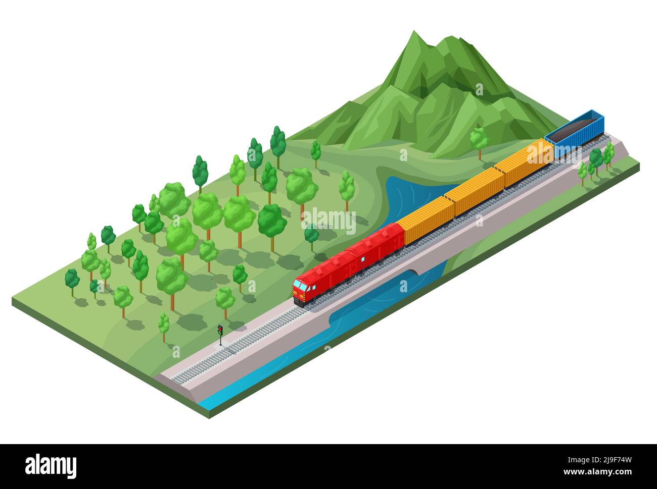 Concept de transport logistique de chemin de fer isométrique avec train de marchandises en mouvement illustration vectorielle isolée paysage de la nature Illustration de Vecteur