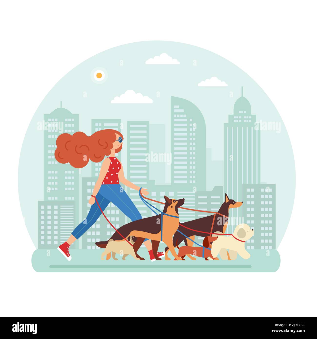 Concept PET Service avec la femme Dog Walker Illustration de Vecteur