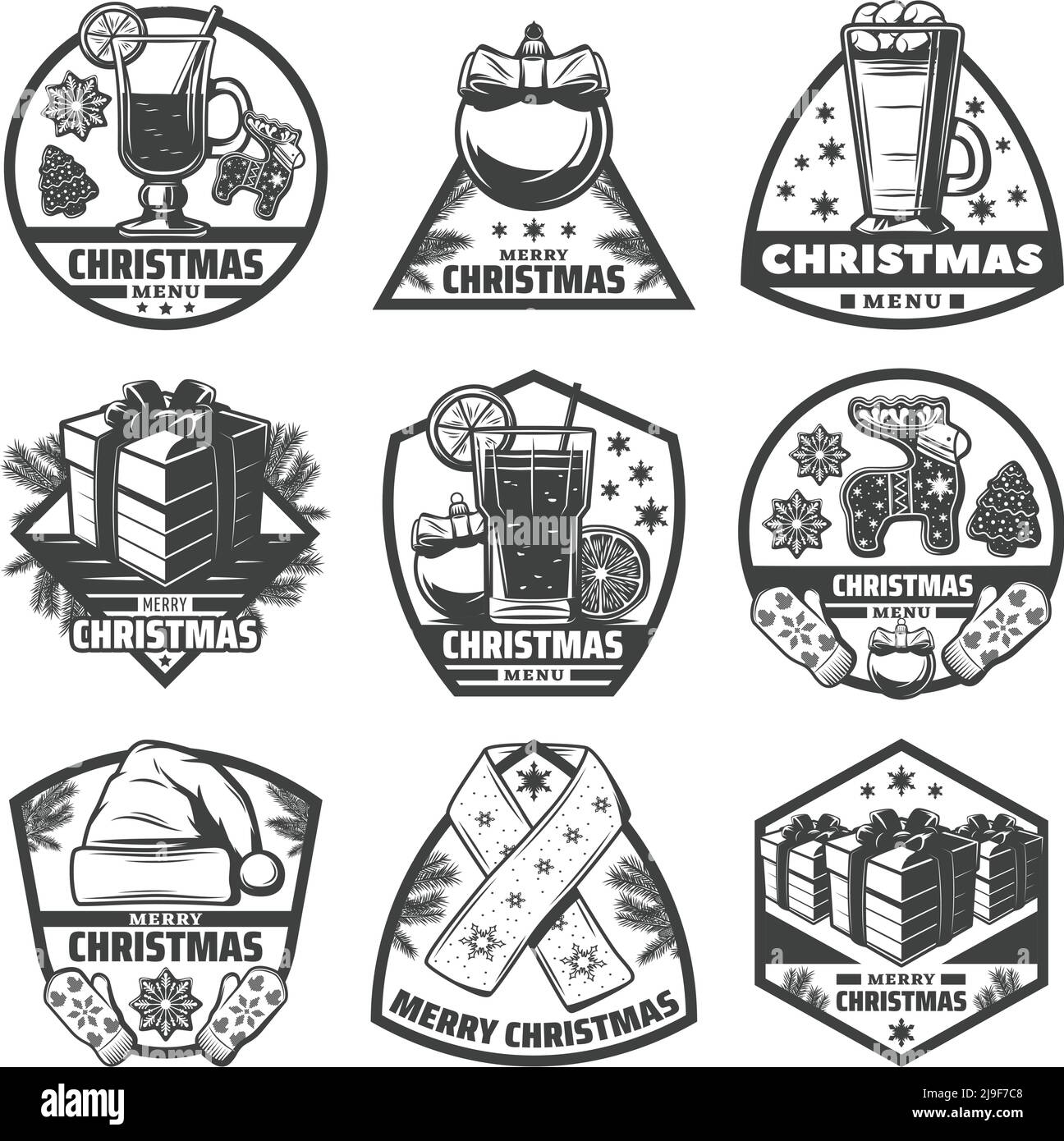 Étiquettes de Noël monochromes vintage avec boissons biscuits au gingembre cadeaux mitaines foulard chapeau boules de sapin branches vecteur isolé illustration Illustration de Vecteur