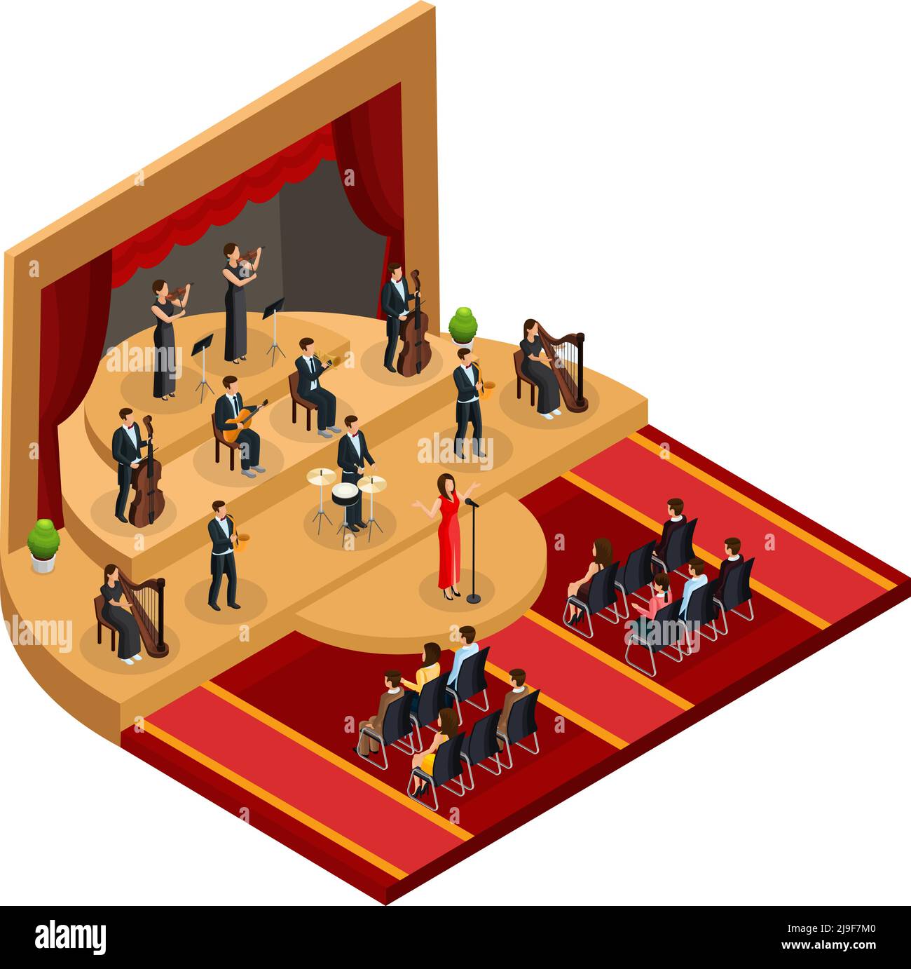 Concept de performance d'opéra classique isométrique avec chanteuse et musiciens sur scène devant le public, illustration vectorielle isolée Illustration de Vecteur
