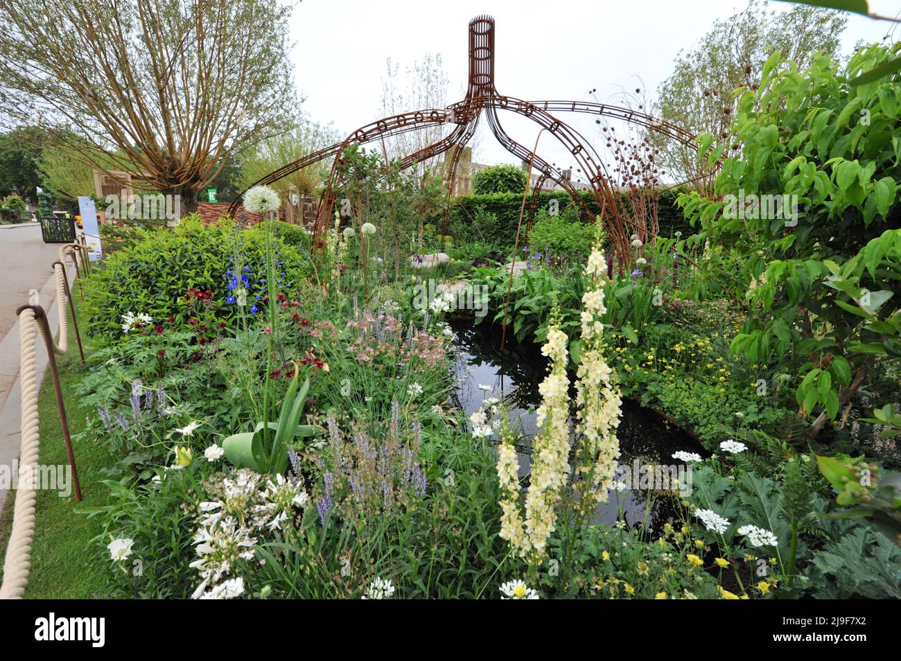 Londres, Royaume-Uni. 23rd mai 2022. The Hands off mangrove by Grow2Know Garden, l'un des beaux jardins exposés au Royal Horticultural Society Chelsea Flower Show 2022 qui a ouvert aujourd'hui dans le domaine du Royal Hospital Chelsea à Chelsea, Londres, Royaume-Uni - 23 mai 2022. Le jardin des mangroves de Grow2Know ans est situé à Notting Hill, avec une sculpture de mangrove au centre qui rappelle sans ambages les impacts que nous avons sur les écosystèmes les plus importants de notre planète, à la fois localement et mondialement. Il honore les militants communautaires connus sous le nom de mangrove neuf, W Banque D'Images