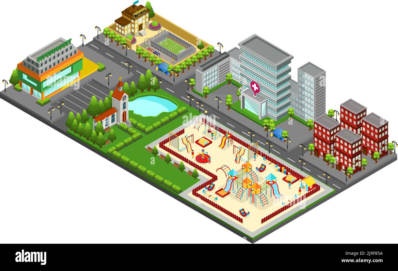 Concept de paysage urbain isométrique avec aire de jeux pour enfants lac hôpital église école illustration vectorielle isolée des bâtiments vivants de supermarché Illustration de Vecteur