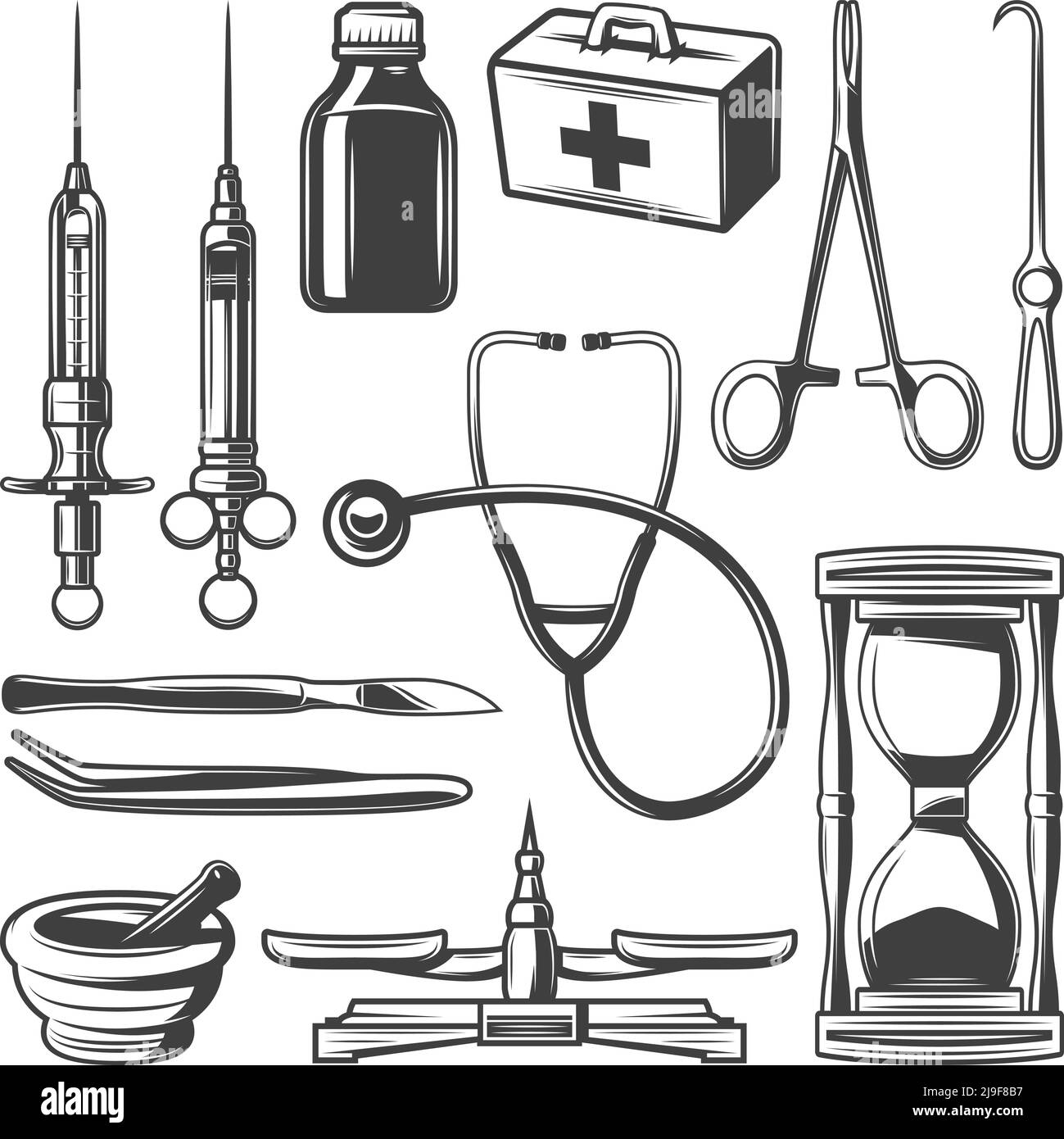 Collection d'icônes médicales vintage avec seringues sac médecin stéthoscope sablier flacons de mortier pèse-personne instruments chirurgicaux illustration vectorielle isolée Illustration de Vecteur