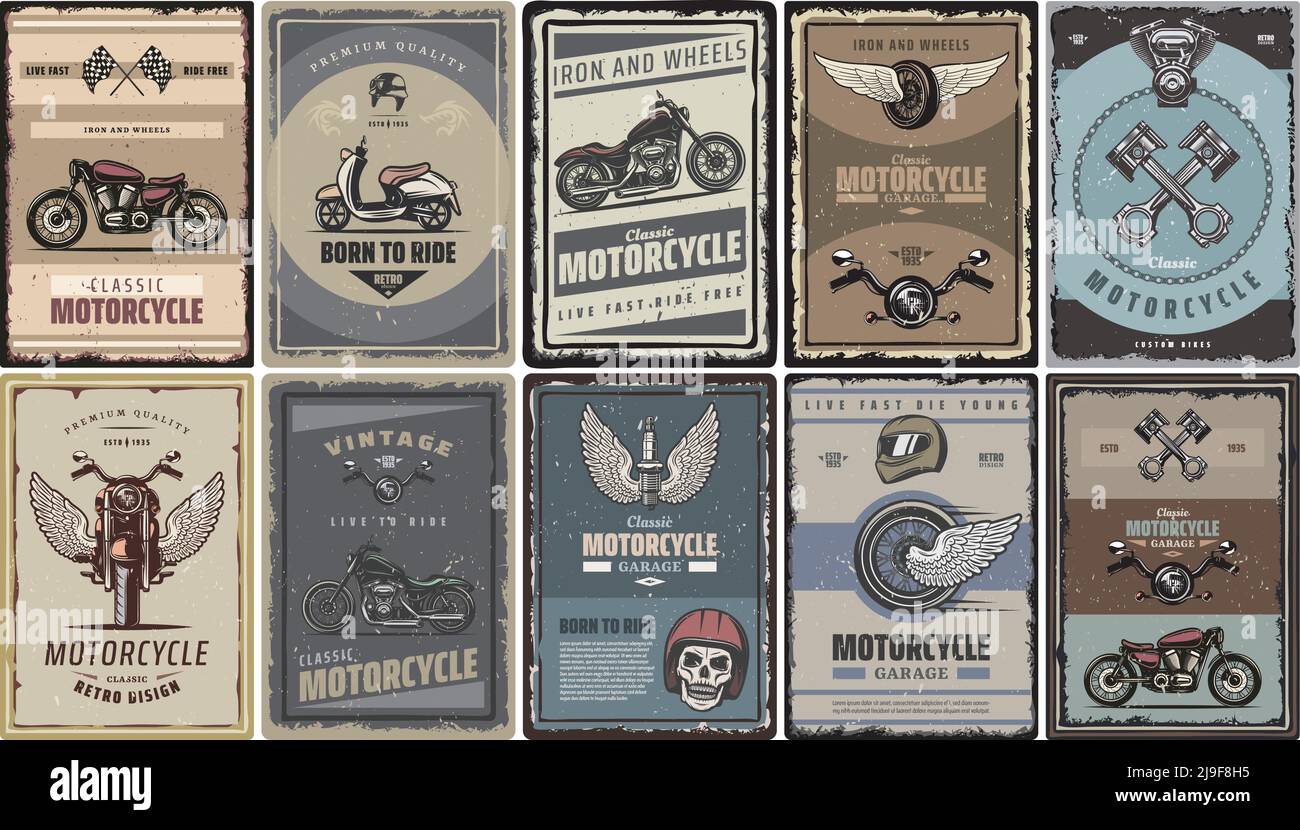 Affiche de moto de couleur vintage avec moto classique moto moto moto moto moto moto moto moto moto moto moto illustration de vecteur de pièces Illustration de Vecteur