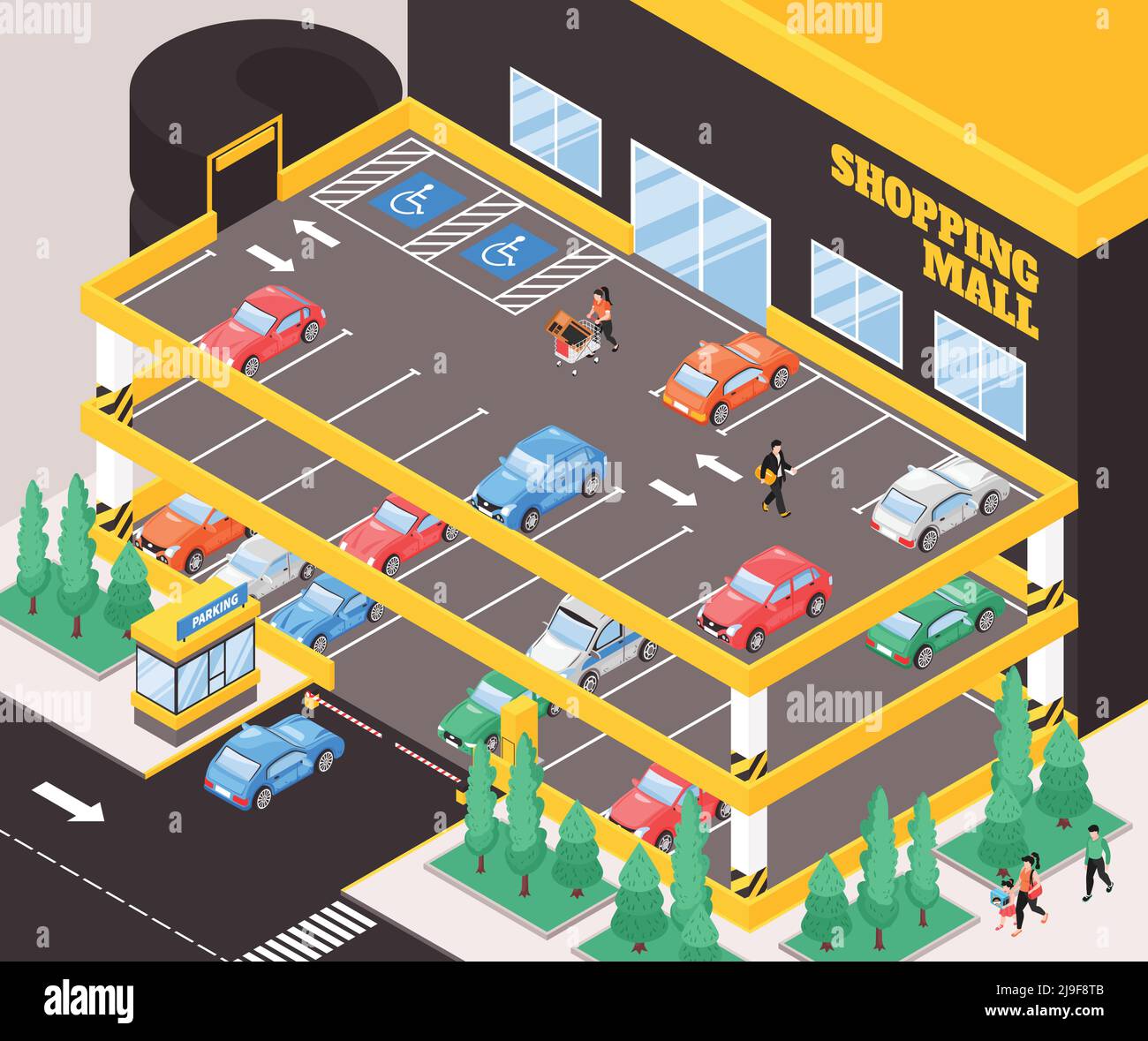 Parking isométrique à plusieurs niveaux avec texte et extérieur vue de l'illustration vectorielle de l'aire de stationnement de la ville Illustration de Vecteur