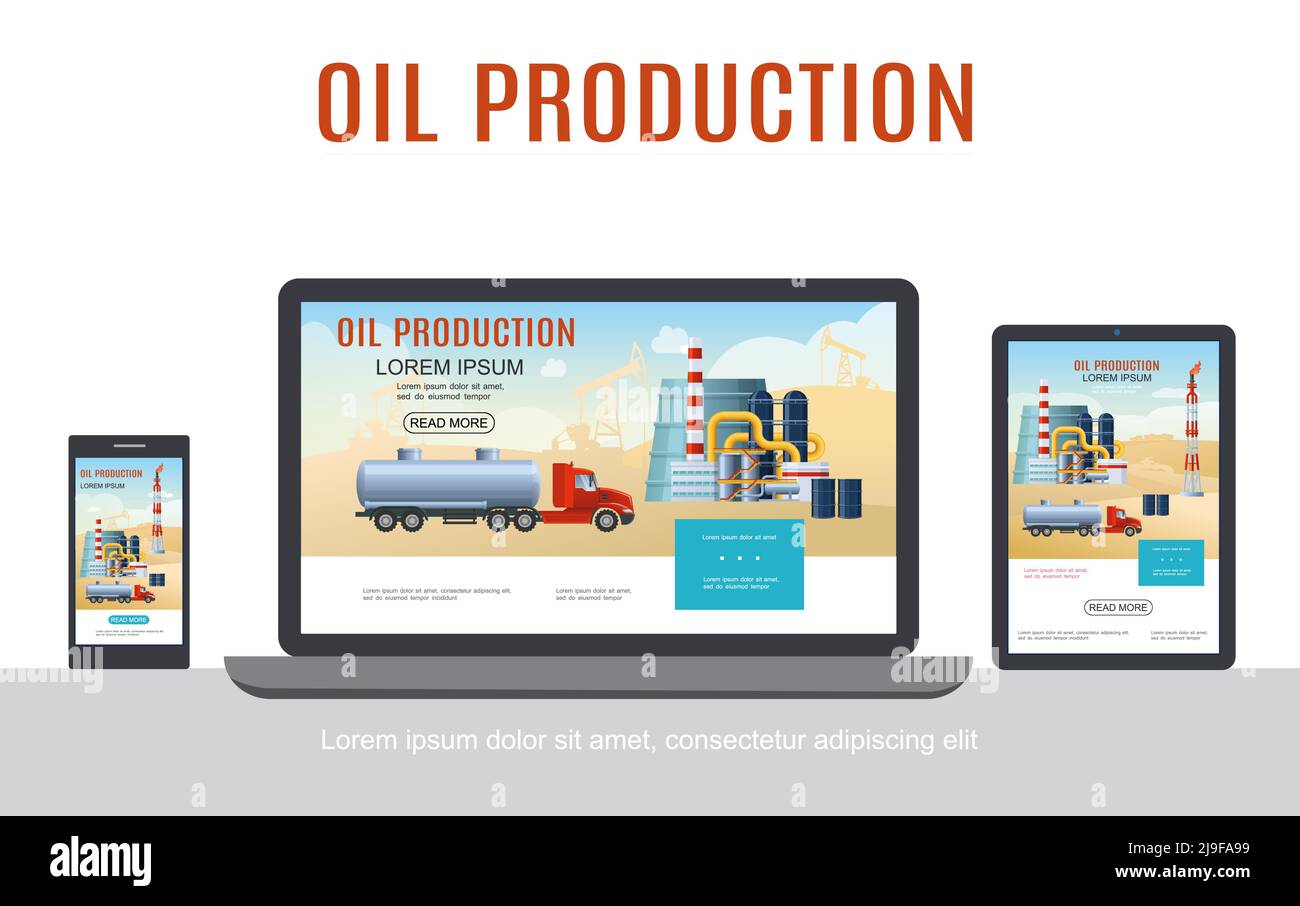 Concept de conception adaptative pour l'industrie de l'huile plate avec camion-citerne pétrochimique corps de plante sur les écrans de téléphone portable et de tablette vecteur isolé illustration Illustration de Vecteur
