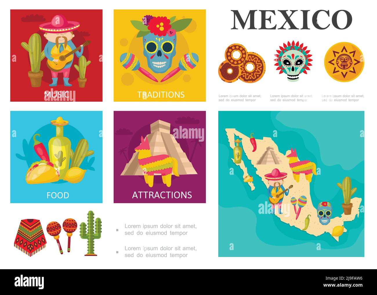 Flat Travel to Mexico concept avec cuisine traditionnelle mexicaine célèbre curiosités musique et culture traditions vecteur illustration Illustration de Vecteur