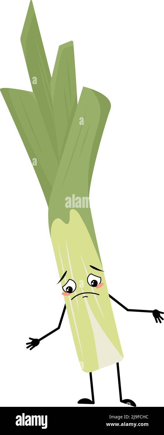 Joli poireau vert avec des émotions tristes, un visage déprimé, des yeux, des bras et des jambes. Légumes sains avec expression et posture mélancolie, riches en vitamines. Illustration vectorielle plate Illustration de Vecteur