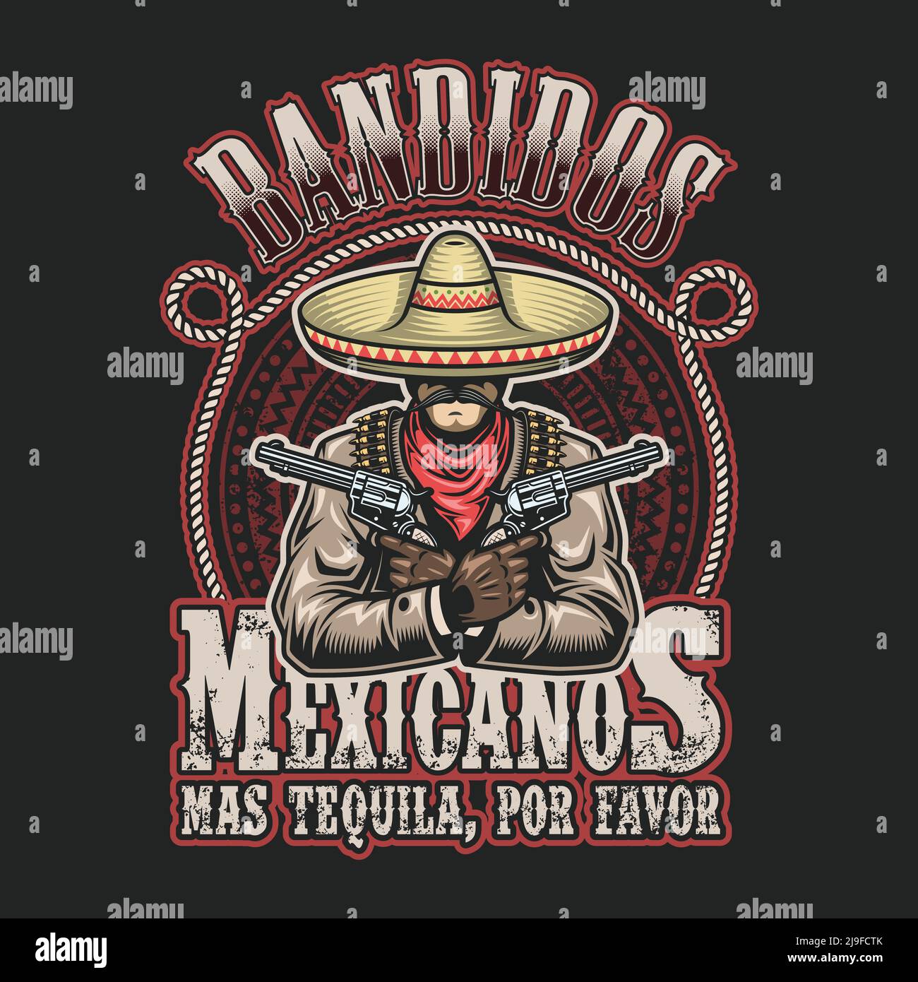 Illustration vectorielle du modèle d'impression bandit mexicain. Homme avec un fusil en mains dans sombrero avec texte. Illustration de Vecteur