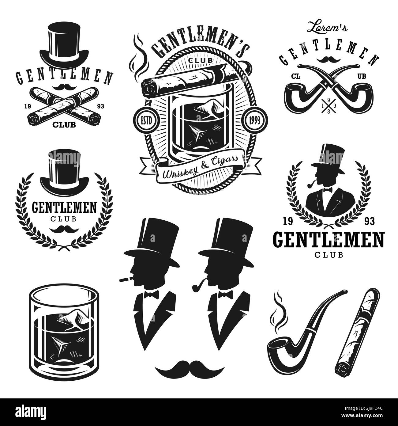 Ensemble d'emblèmes, d'étiquettes, de badges et d'éléments de conception vintage pour gentlemen. Style monochrome Illustration de Vecteur