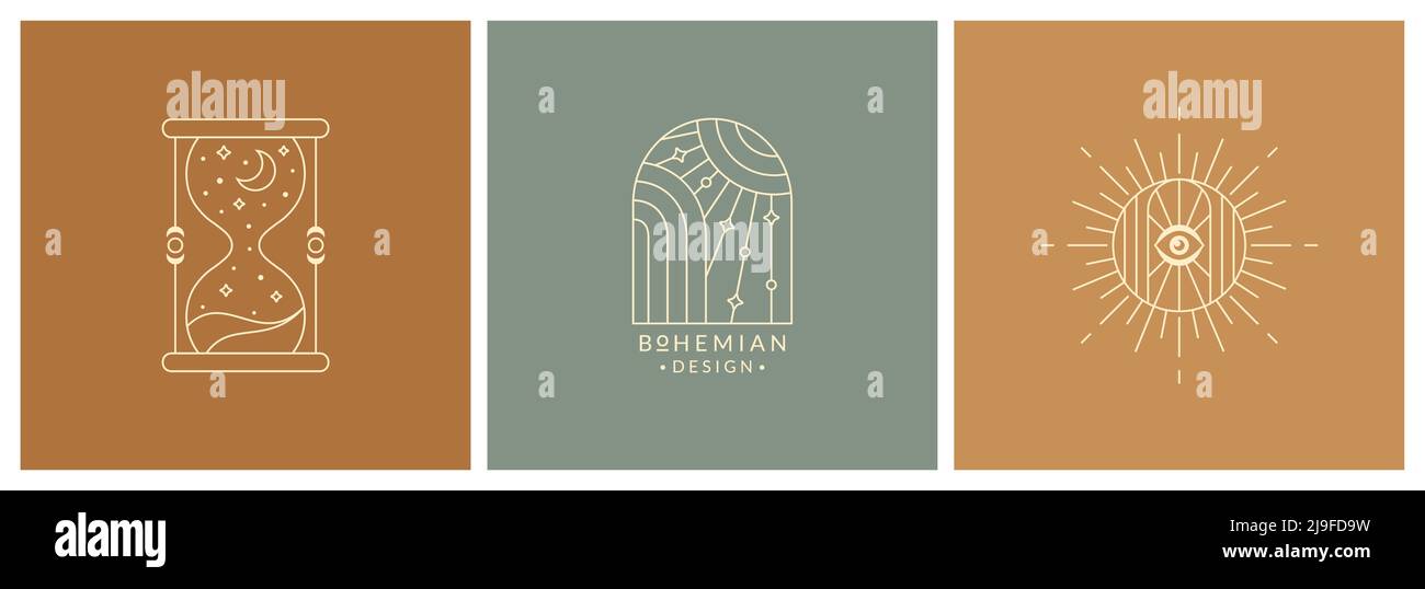 Logos de boho. Symboles de ligne pour la magie, ésotérique, psychologie, thérapie alternative, spirituelle, céleste, et d'autres thèmes. Emblème à vecteur isolé. Illustration de Vecteur