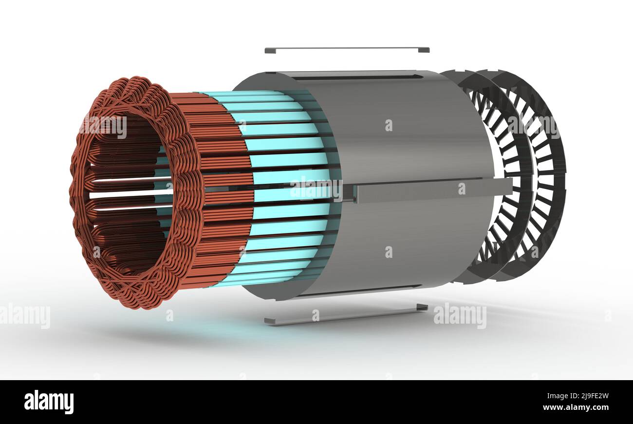 Stator d'enroulement pour moteur électrique, vue éclatée,3D illustration isolée sur fond blanc Banque D'Images