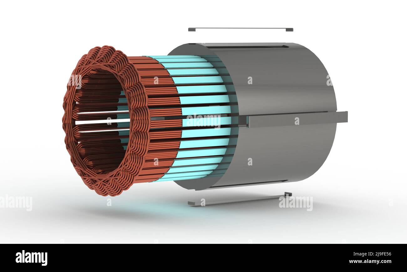 Stator d'enroulement pour moteur électrique, vue éclatée,3D illustration isolée sur fond blanc Banque D'Images