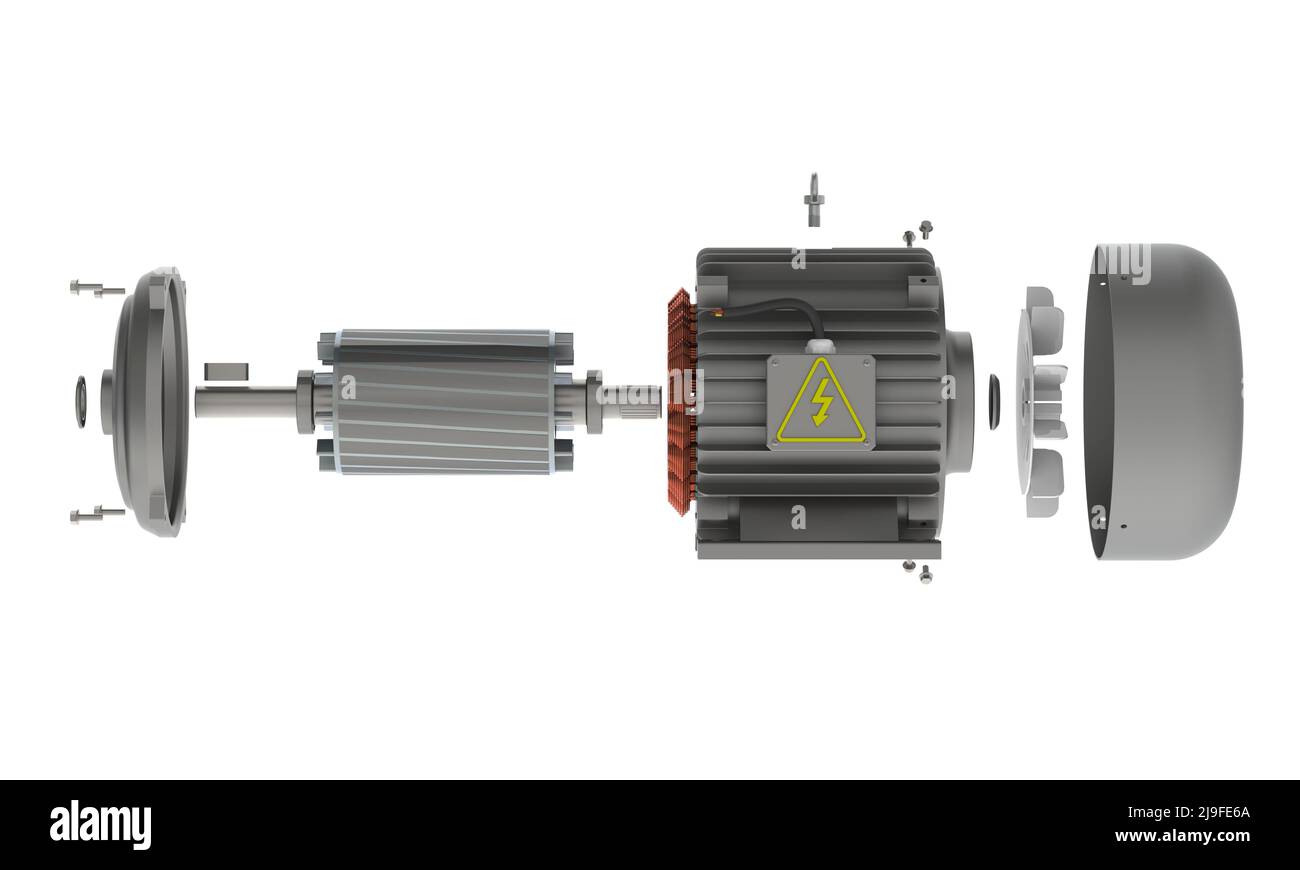 Moteur électrique, vue éclatée 3D, rendu isolé sur fond blanc Banque D'Images