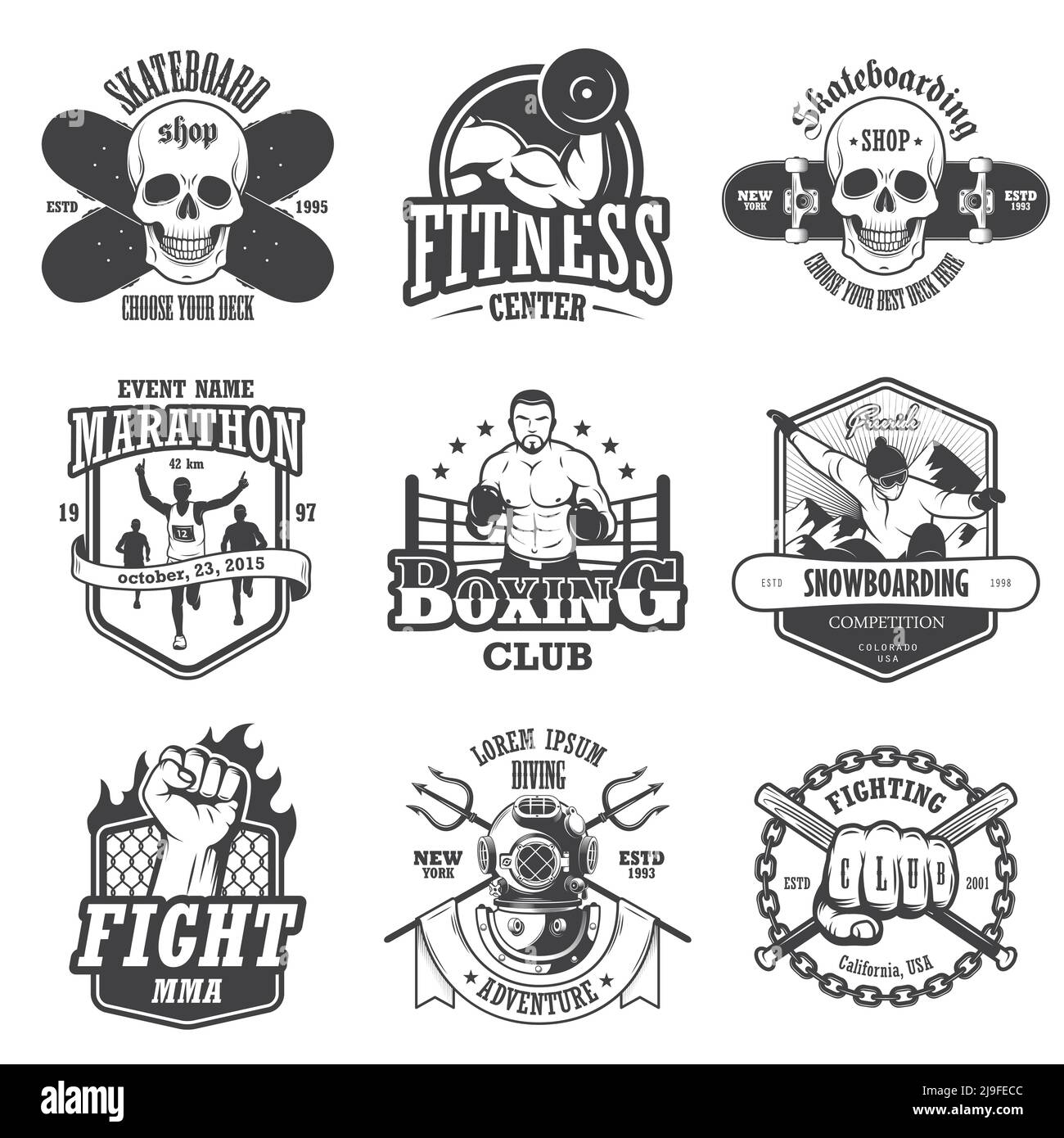 Ensemble d'emblèmes, d'étiquettes, de badges et de logos de sport vintage. Style monochrome Illustration de Vecteur